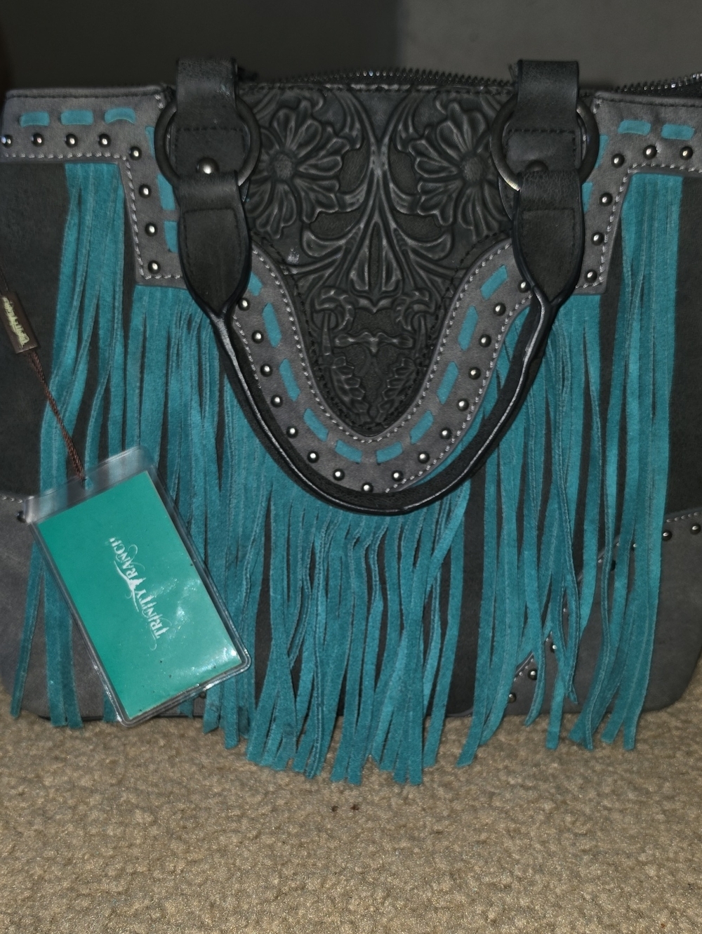 Trinity Teal Fringe Embossed Western Tote